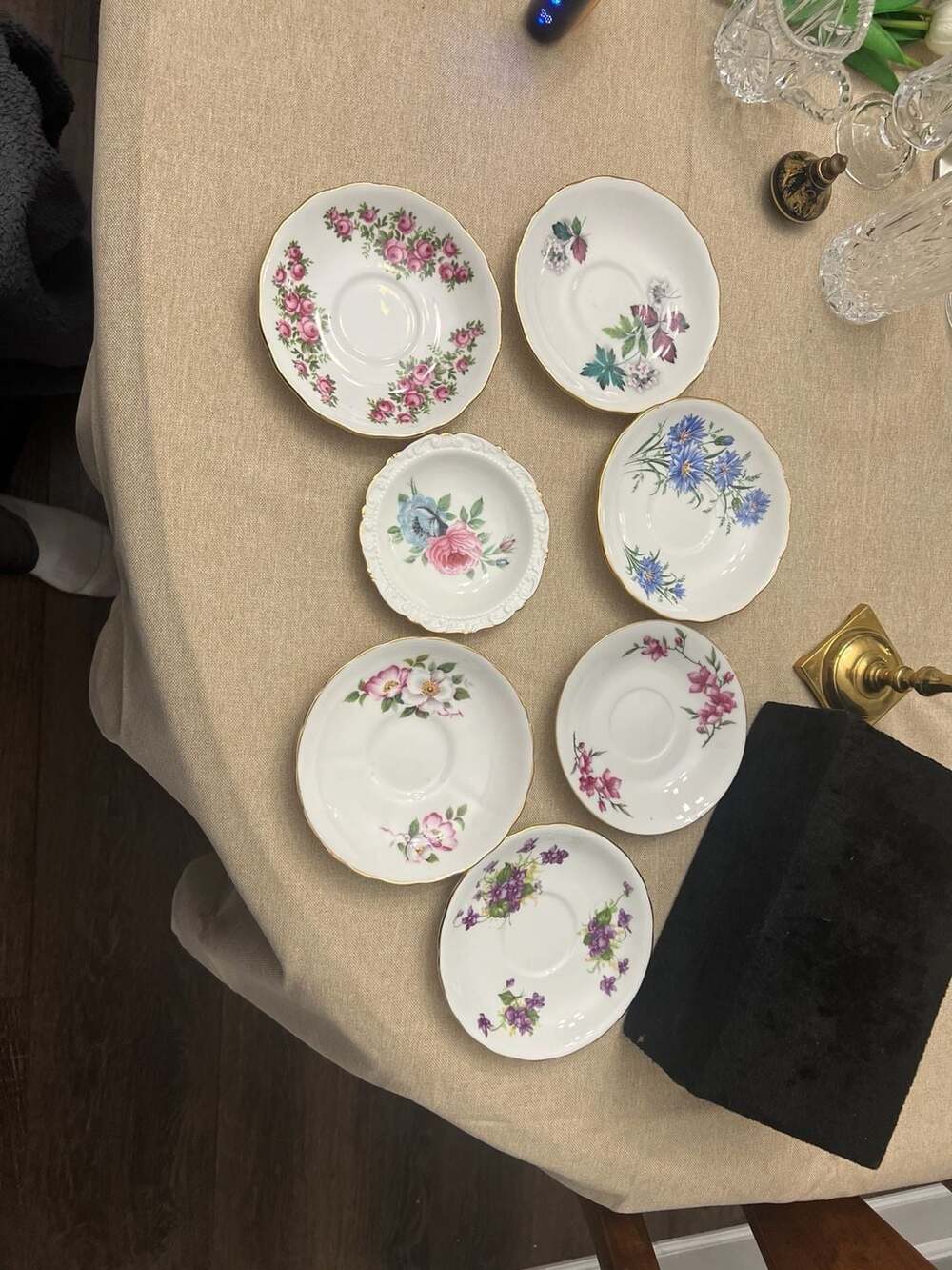 Set of 7 Vintage Floral Mismatched Porcelain and Bone China Saucers with Gold Ri